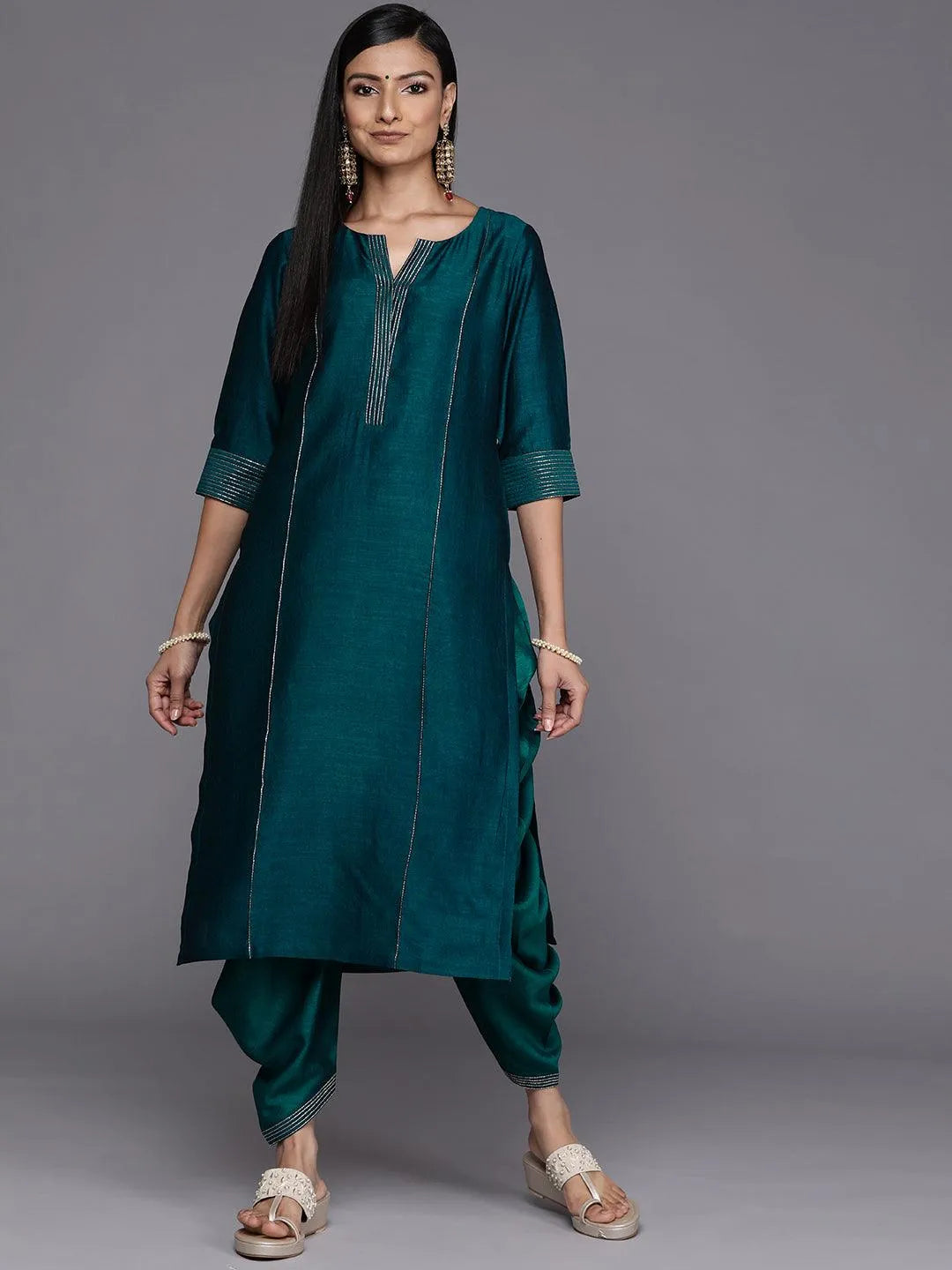 Teal Solid Silk Straight Kurta - Jashvi