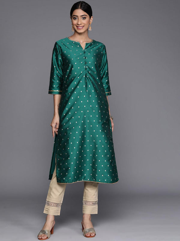 Teal Woven Design Art Silk Straight Kurta - Jashvi