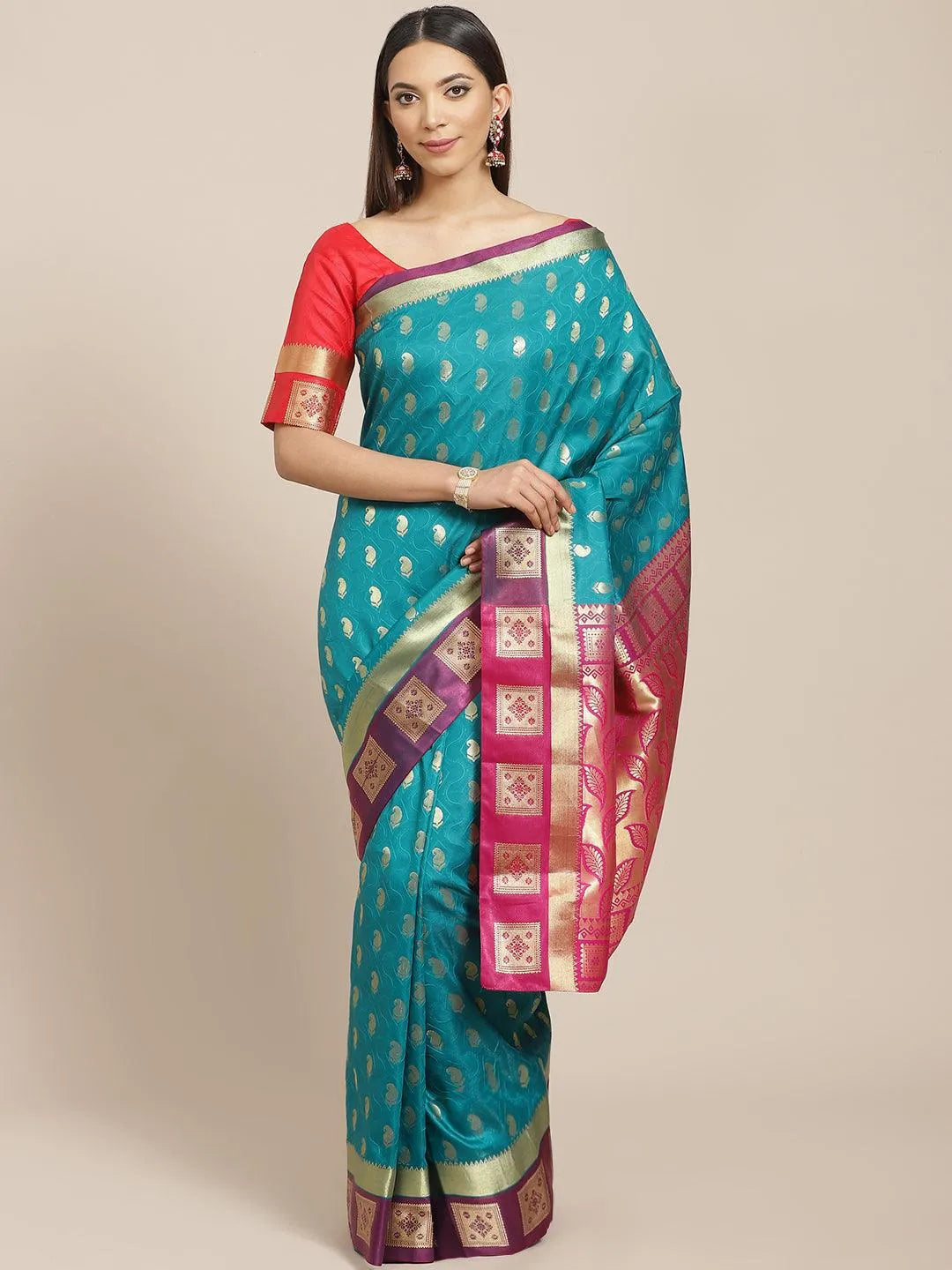 Teal Woven Design Brocade Saree - Jashvi