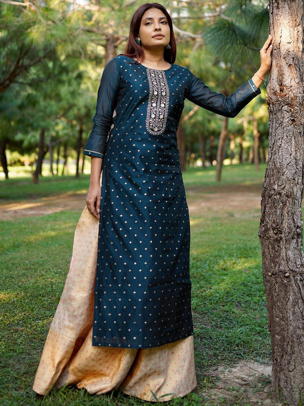 Teal Woven Design Chanderi Silk Straight Kurta - Jashvi