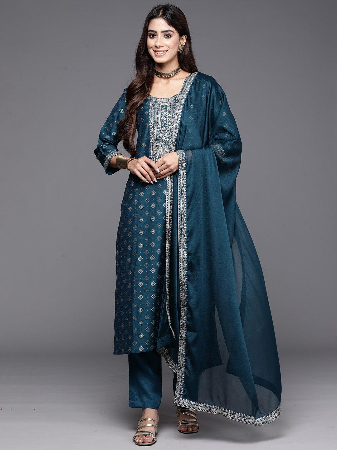 Teal Woven Design Silk Blend Straight Kurta With Trousers & Dupatta - Jashvi