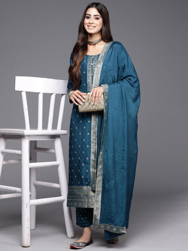 Teal Woven Design Silk Blend Straight Kurta With Trousers & Dupatta - Jashvi