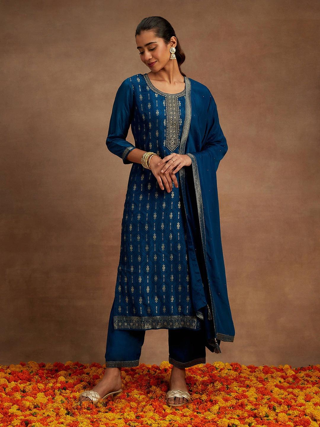 Teal Woven Design Silk Blend Straight Kurta With Trousers & Dupatta - Jashvi