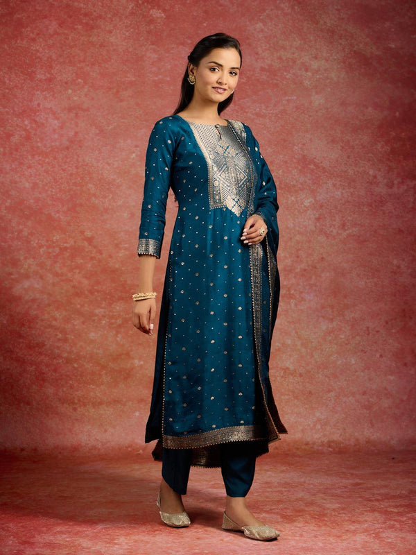 Teal Woven Design Silk Straight Kurta With Trousers & Dupatta - Jashvi