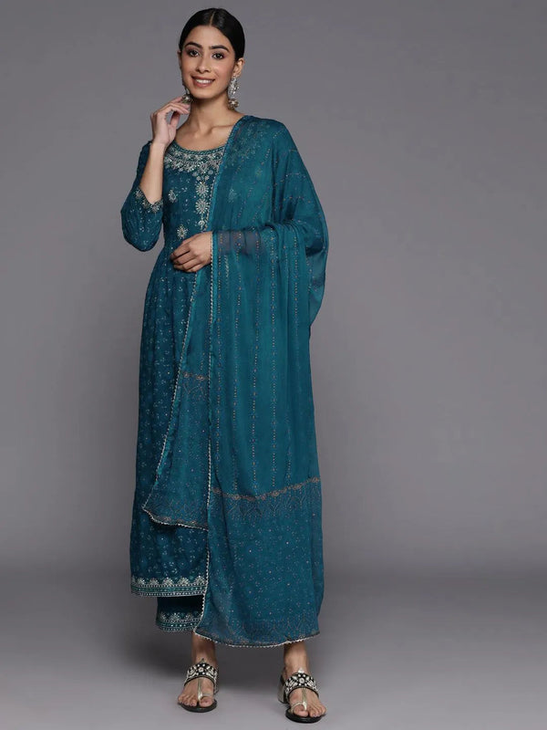 Teal Yoke Design Rayon Suit Set With Trousers - Jashvi