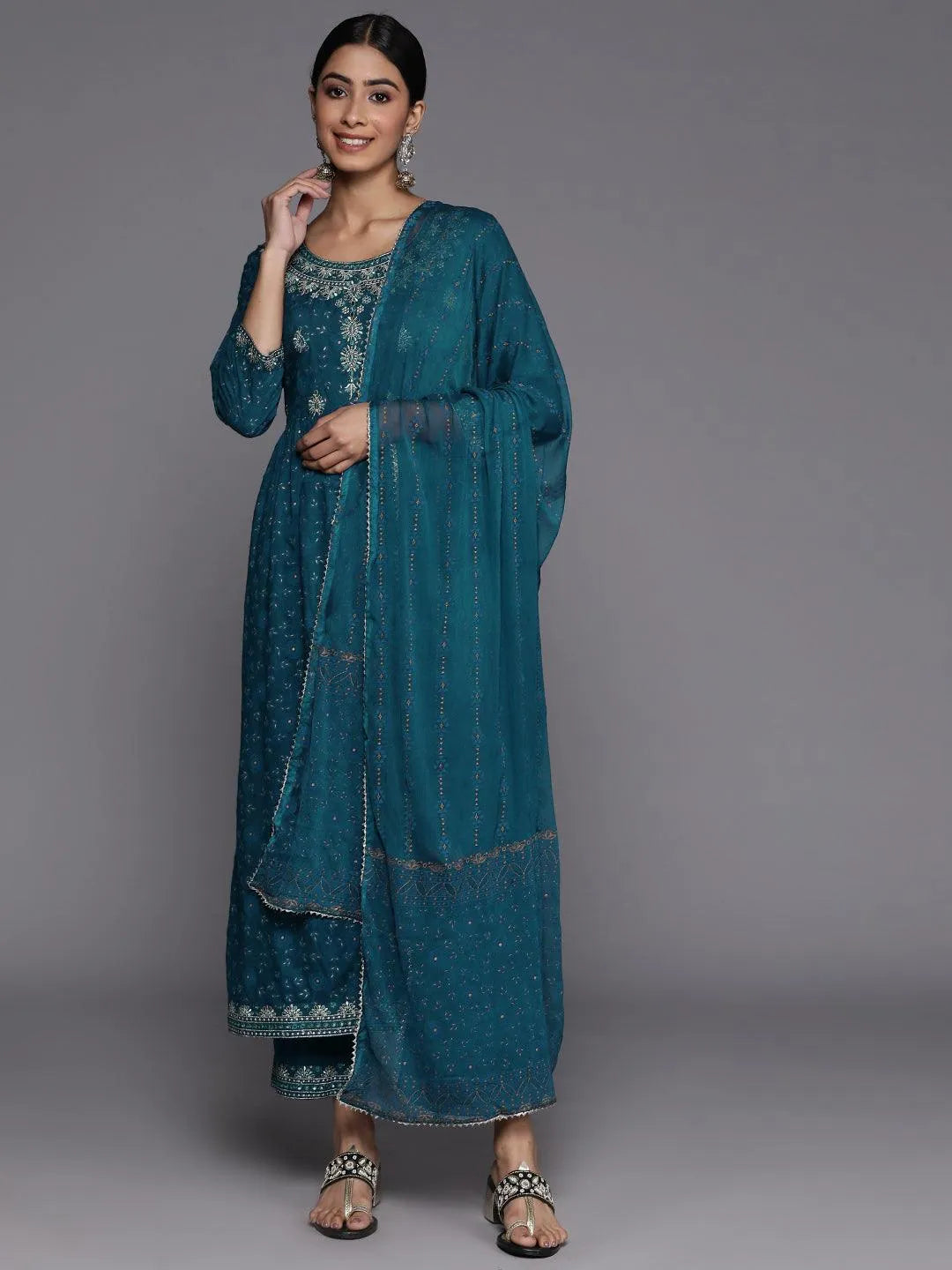 Teal Yoke Design Rayon Suit Set With Trousers - Jashvi