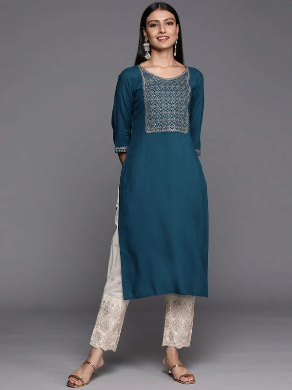 Teal Yoke Design Rayon Straight Kurta - Jashvi