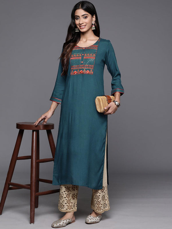 Teal Yoke Design Rayon Straight Kurta - Jashvi