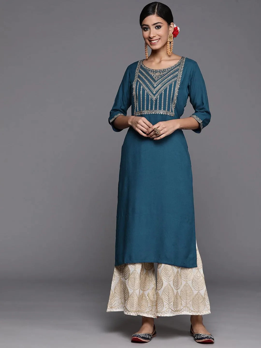 Teal Yoke Design Rayon Straight Kurta - Jashvi