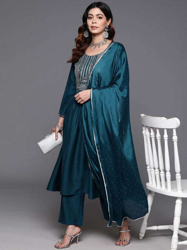 Teal Yoke Design Silk Blend A-Line Kurta With Trousers & Dupatta - Jashvi