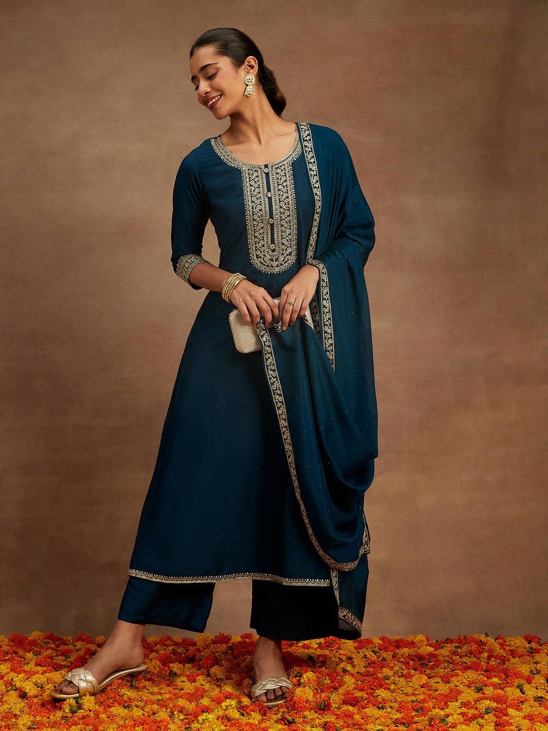 Teal Yoke Design Silk Blend A-Line Kurta With Trousers & Dupatta - Jashvi