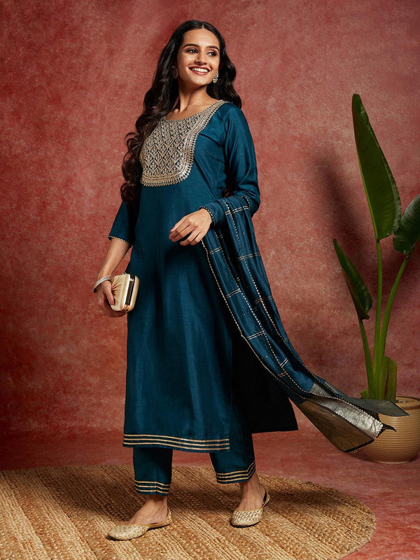 Teal Yoke Design Silk Blend Straight Kurta With Palazzos & Dupatta - Jashvi