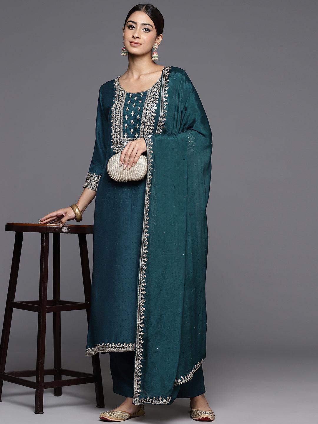 Teal Yoke Design Silk Blend Straight Kurta With Palazzos & Dupatta - Jashvi