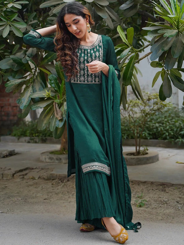 Teal Yoke Design Silk Blend Straight Suit Set - Jashvi