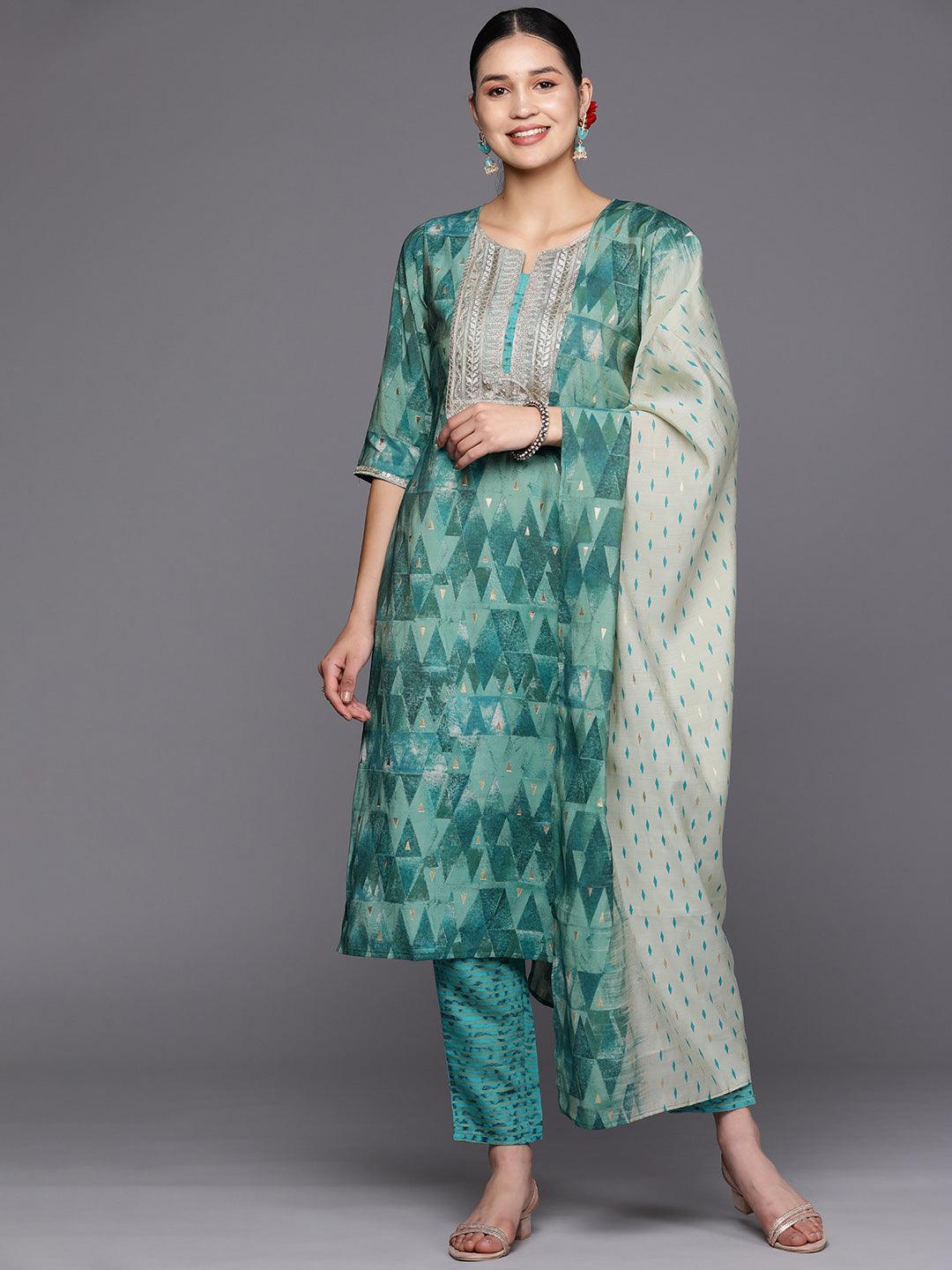 Teal Yoke Design Silk Blend Straight Suit Set With Trousers - Jashvi