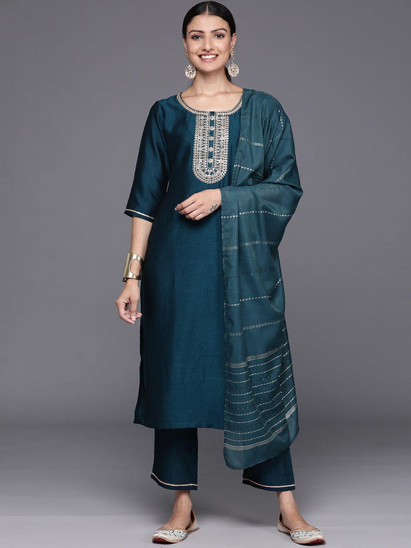 Teal Yoke Design Silk Blend Straight Kurta With Trousers & Dupatta - Jashvi