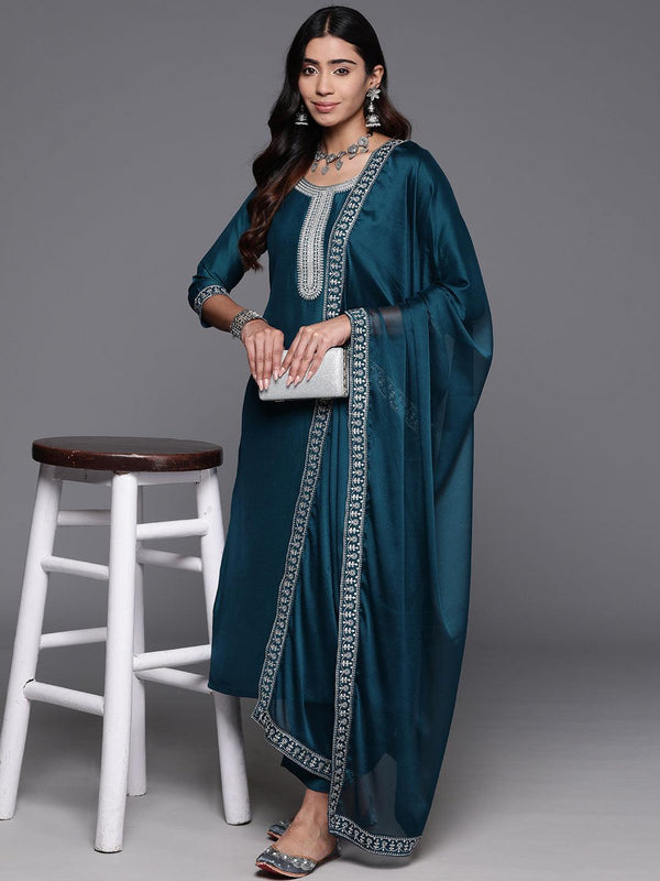 Teal Yoke Design Silk Blend Straight Kurta With Trousers & Dupatta - Jashvi