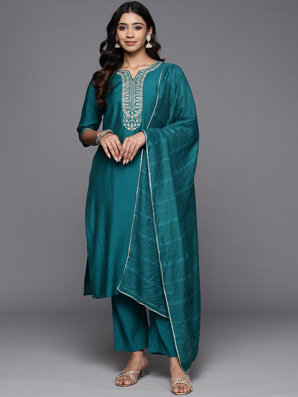 Teal Yoke Design Silk Blend Straight Kurta With Trousers & Dupatta - Jashvi