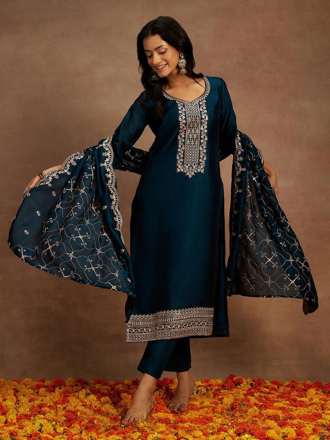 Teal Yoke Design Silk Blend Straight Kurta With Trousers & Dupatta - Jashvi