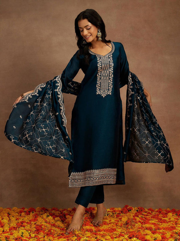 Teal Yoke Design Silk Blend Straight Kurta With Trousers & Dupatta - Jashvi