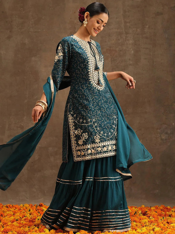 Teal Yoke Design Silk Blend Suit Set With Sharara - Jashvi