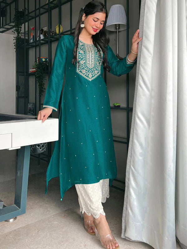 Teal Yoke Design Silk Kurta - Jashvi