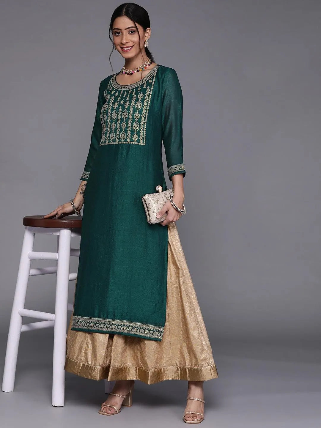 Teal Yoke Design Silk Kurta - Jashvi