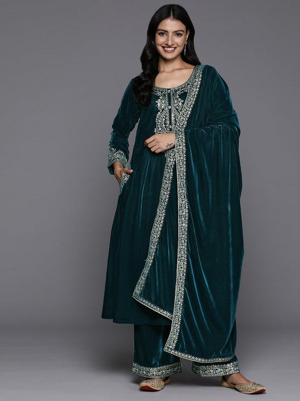 Teal Yoke Design Velvet A-Line Kurta With Palazzos & Dupatta - Jashvi