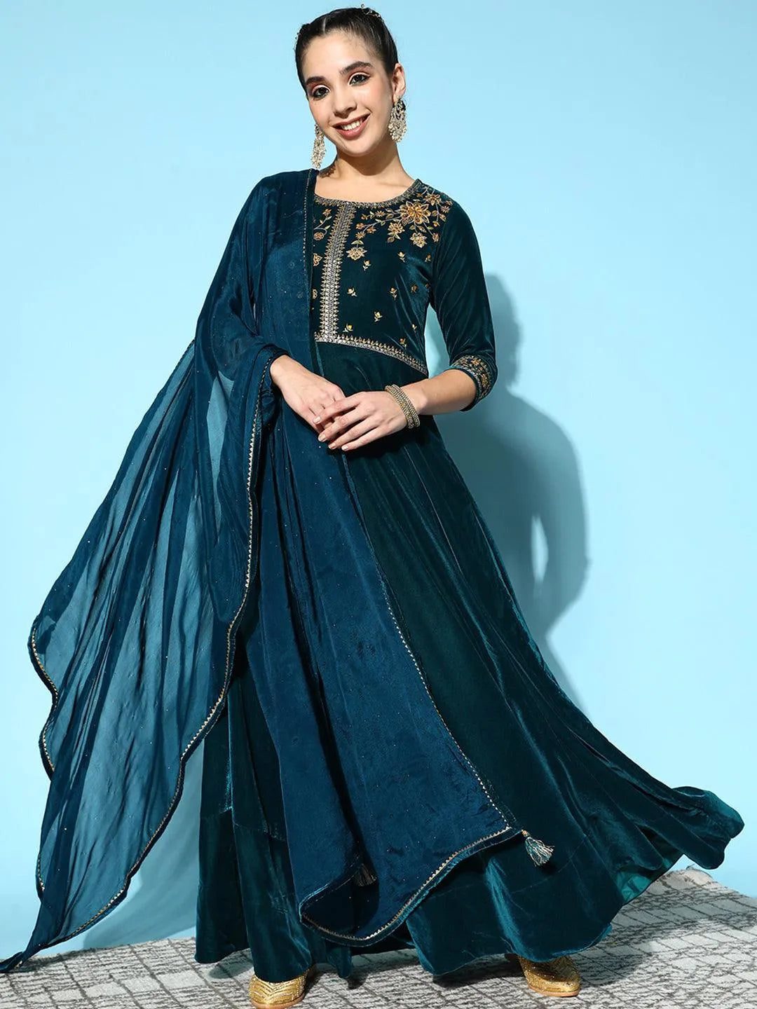 Teal Yoke Design Velvet Anarkali Suit Set - Jashvi