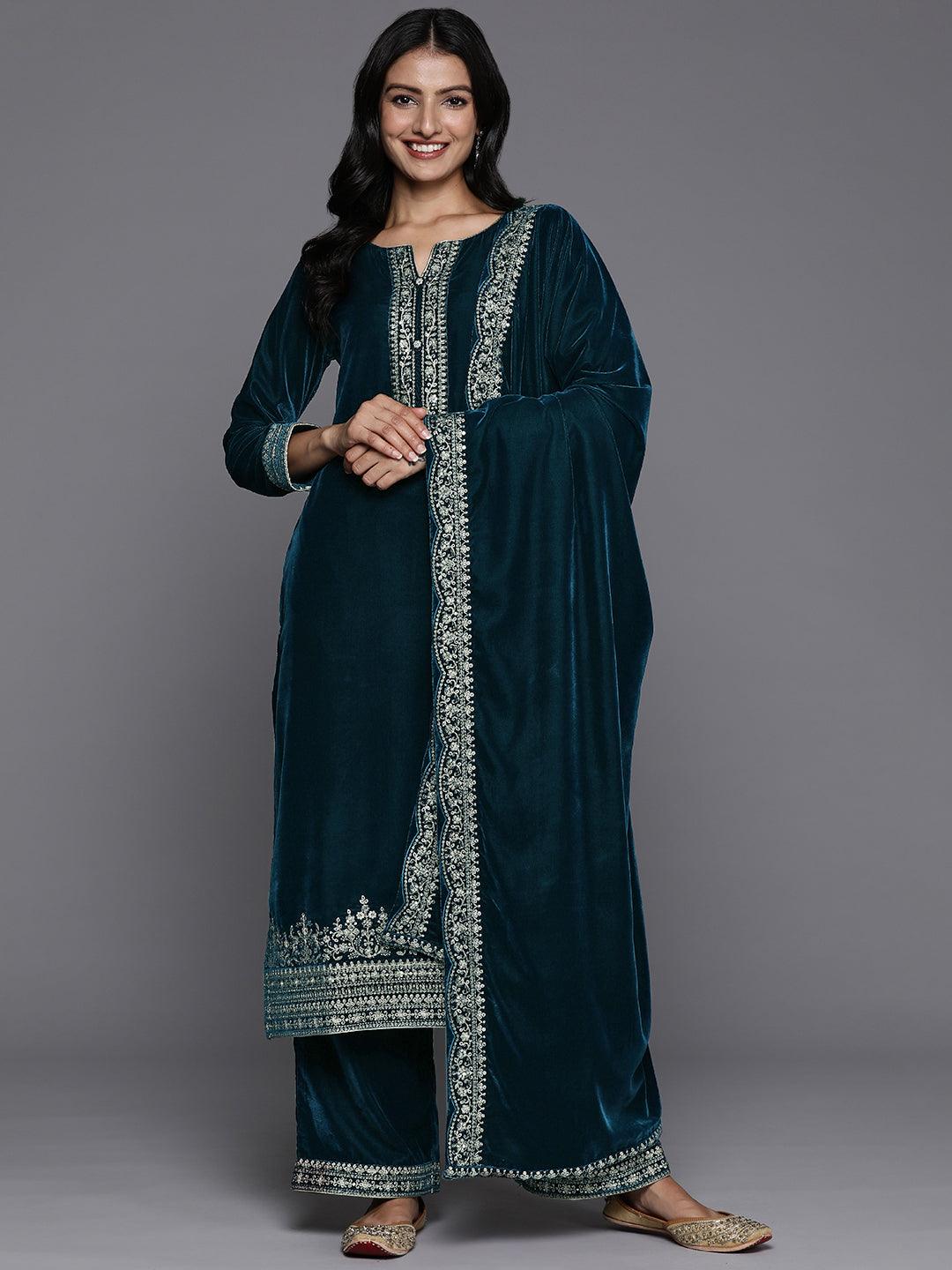 Teal Yoke Design Velvet Straight Kurta With Palazzos & Dupatta - Jashvi