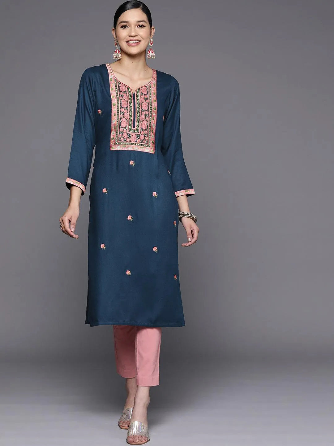 Teal Yoke Design Wool Straight Kurta - Jashvi