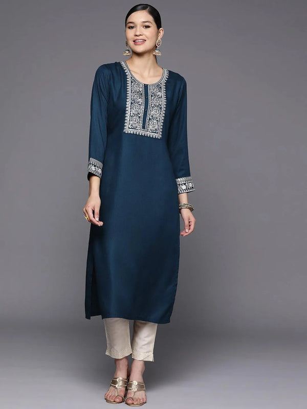 Teal Yoke Design Wool Straight Kurta - Jashvi