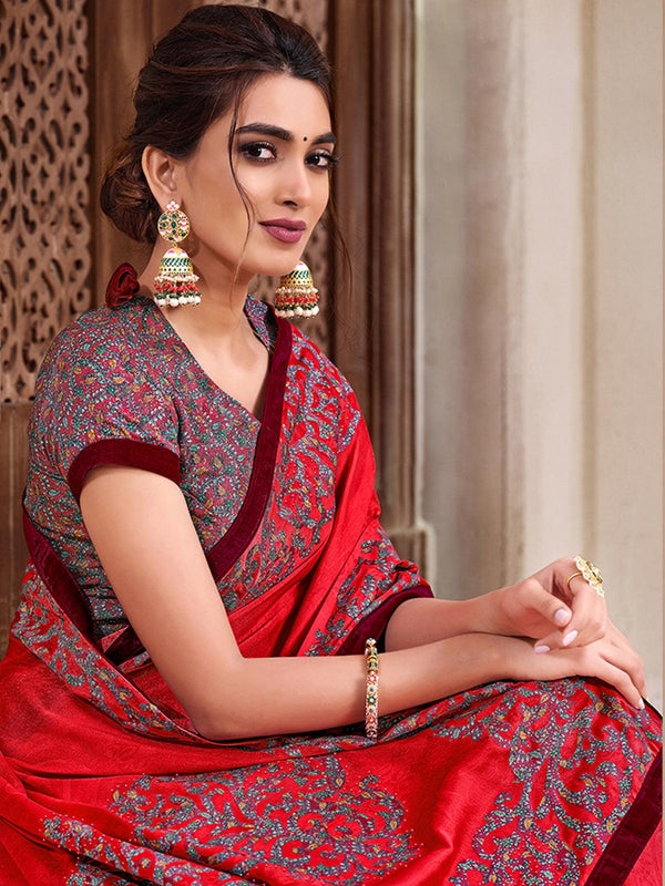 Women's Tomato Red Silk Georgette Designer Saree With Blouse - Odette