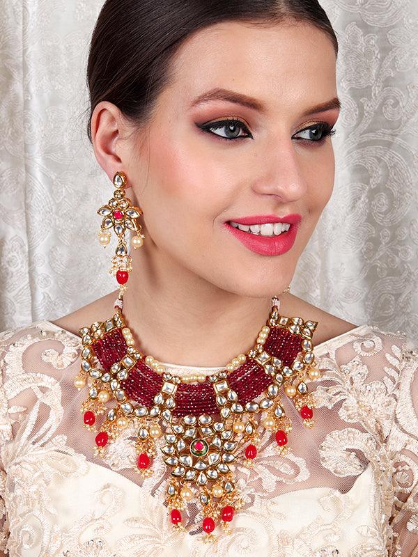 Women's Traditional Polki Wine & Pink Crystal Stones Kundan Choker With Earrings - Odette