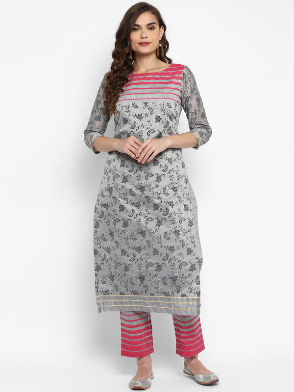 Women's Grey Color Chanderi Silk Straight Printed Kurta Pant Set - VAABA