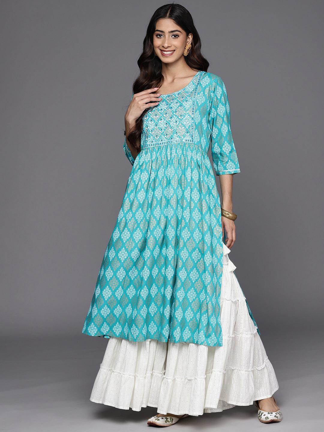 Turquoise Blue Embellished Rayon A-Line Kurta - Jashvi