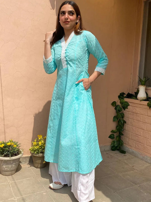 Turquoise Blue Embroidered Cotton Kurta - Jashvi