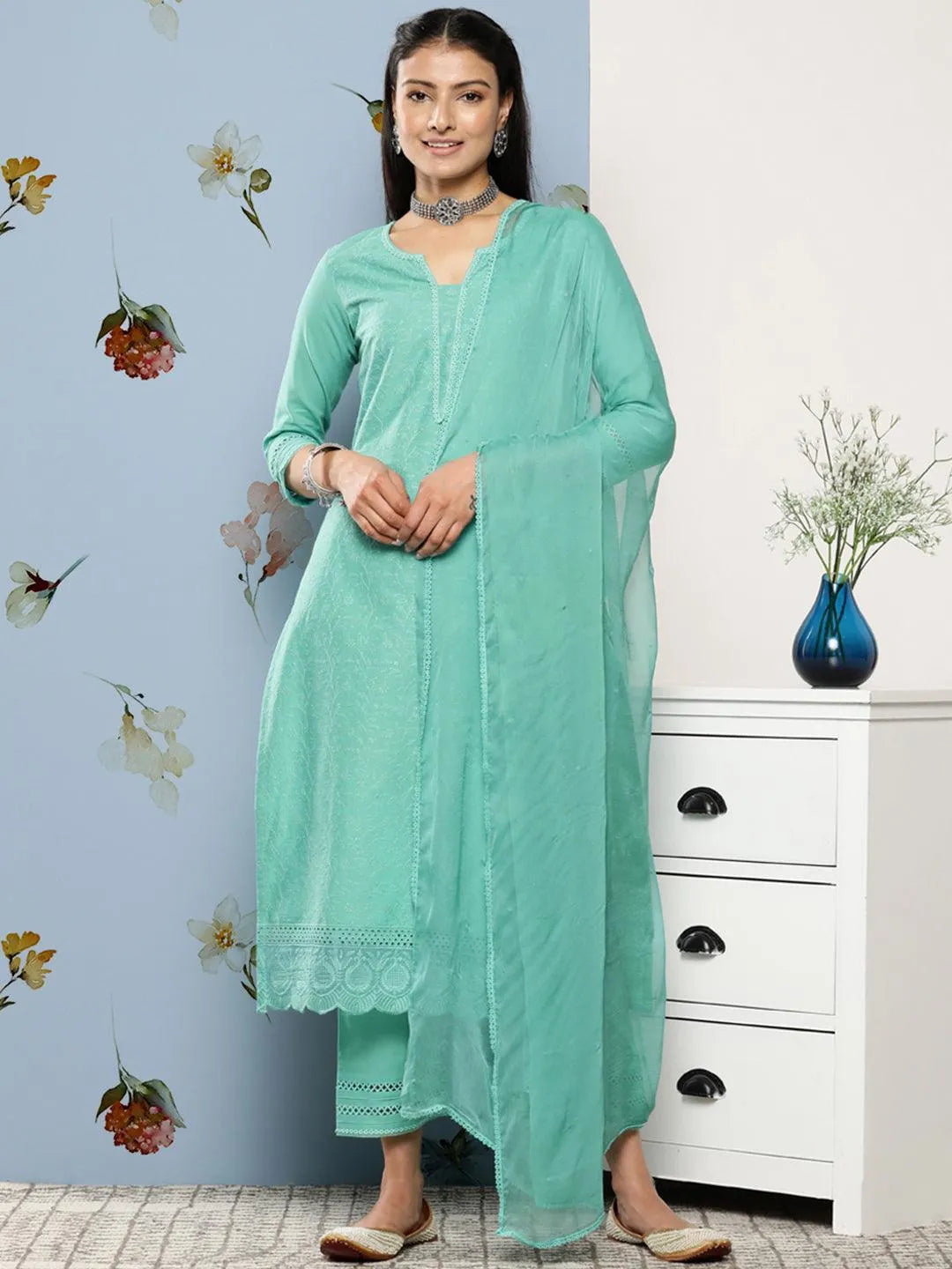 Turquoise Blue Embroidered Cotton Suit Set With Trousers - Jashvi