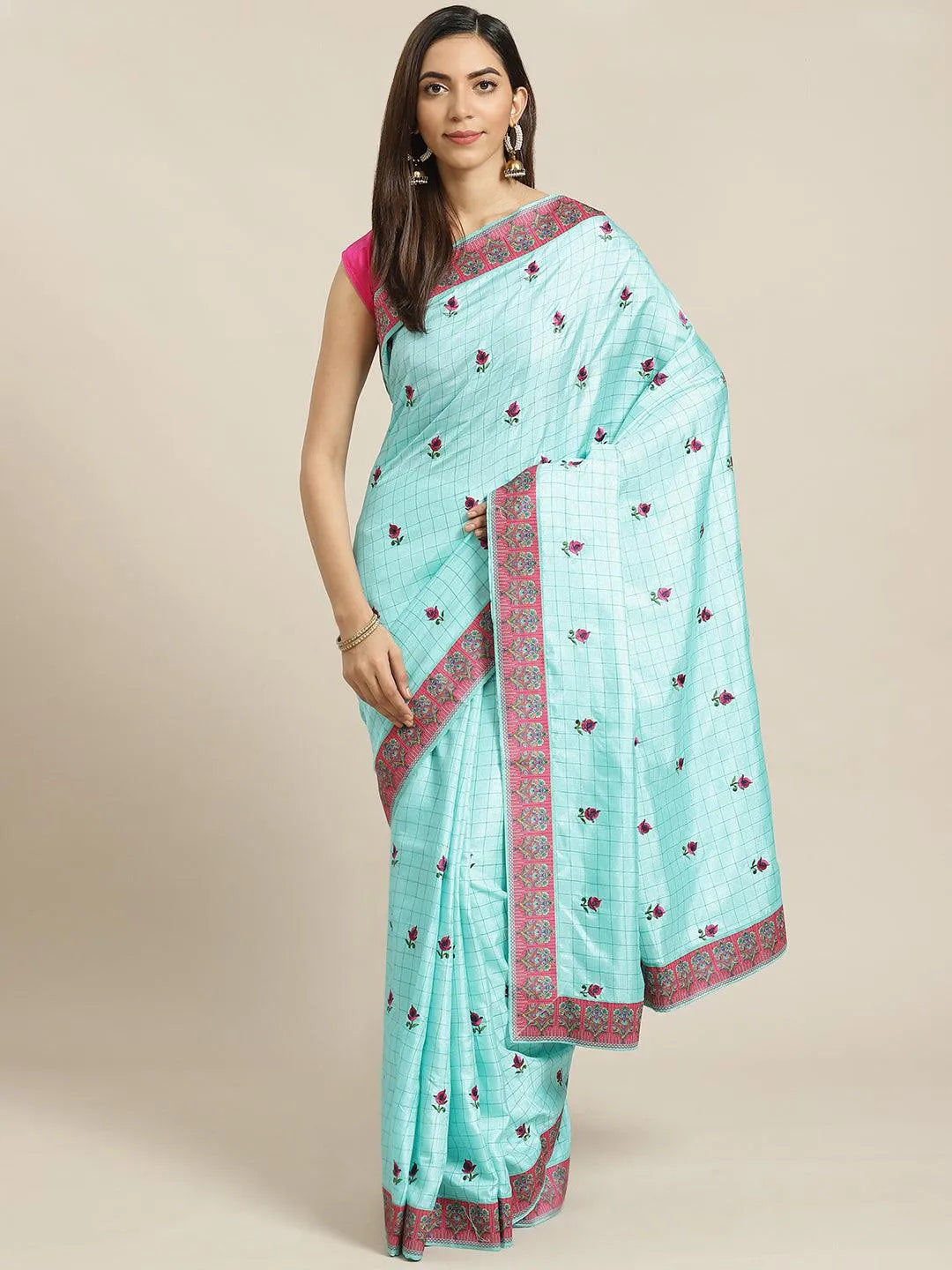 Turquoise Blue Embroidered Crepe Saree - Jashvi