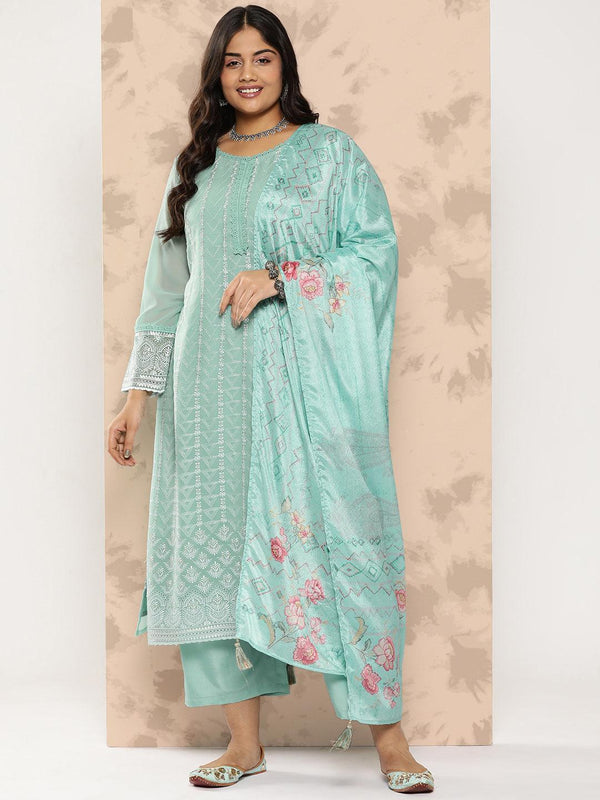 Turquoise Blue Embroidered Georgette Straight Kurta With Trousers and Dupatta - Jashvi