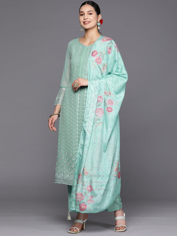 Turquoise Blue Embroidered Georgette Straight Suit Set With Trousers - Jashvi