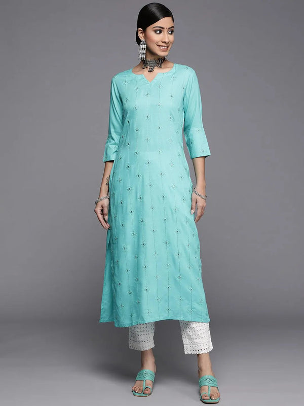 Turquoise Blue Embroidered Rayon Kurta - Jashvi