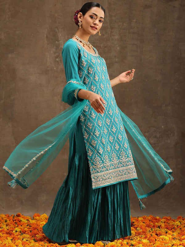 Turquoise Blue Embroidered Silk Blend Straight Suit Set With Sharara - Jashvi