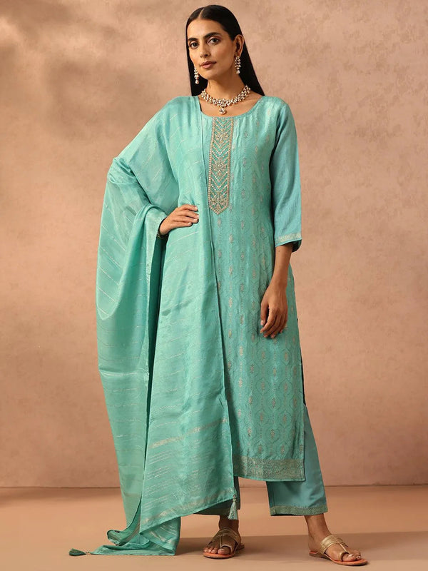 Turquoise Blue Embroidered Silk Blend Suit Set With Trousers - Jashvi