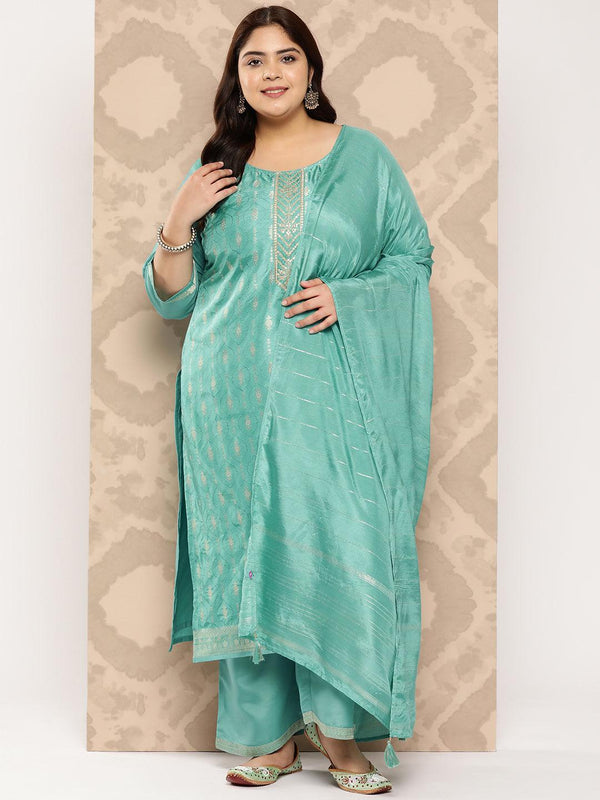 Turquoise Blue Embroidered Silk Blend Straight Kurta With Trousers and Dupatta - Jashvi