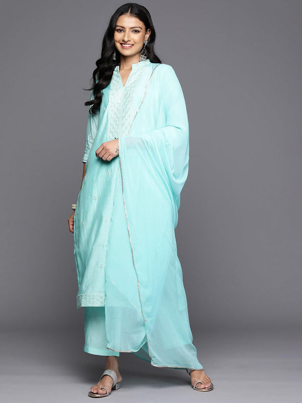 Turquoise Blue Printed Silk Blend Straight Kurta With Trousers & Dupatta - Jashvi