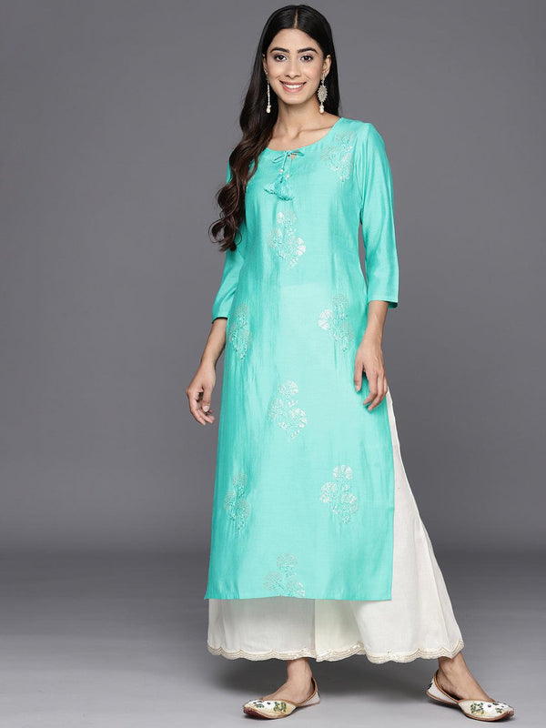 Turquoise Blue Embroidered Silk Straight Kurta - Jashvi