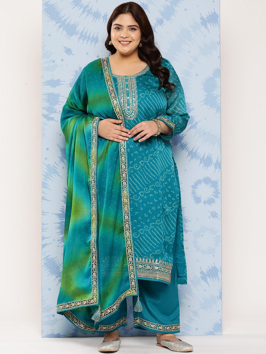 Turquoise Blue Printed Chiffon Straight Kurta With Trousers and Dupatta - Jashvi