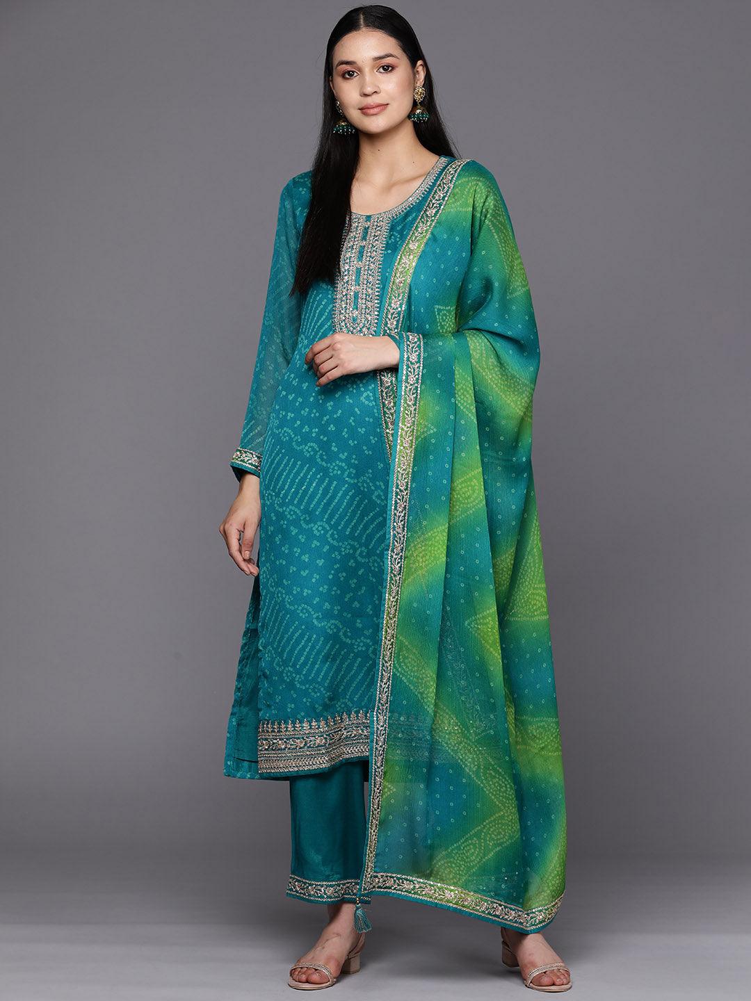 Turquoise Blue Printed Chiffon Straight Suit Set With Trousers - Jashvi