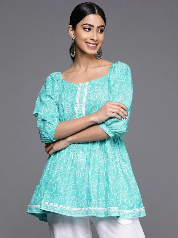 Turquoise Blue Printed Cotton A-Line Kurti - Jashvi